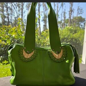 Green Leather Boho Shoulder Bag Kate Landry Studded Tassel Artisan Purse
